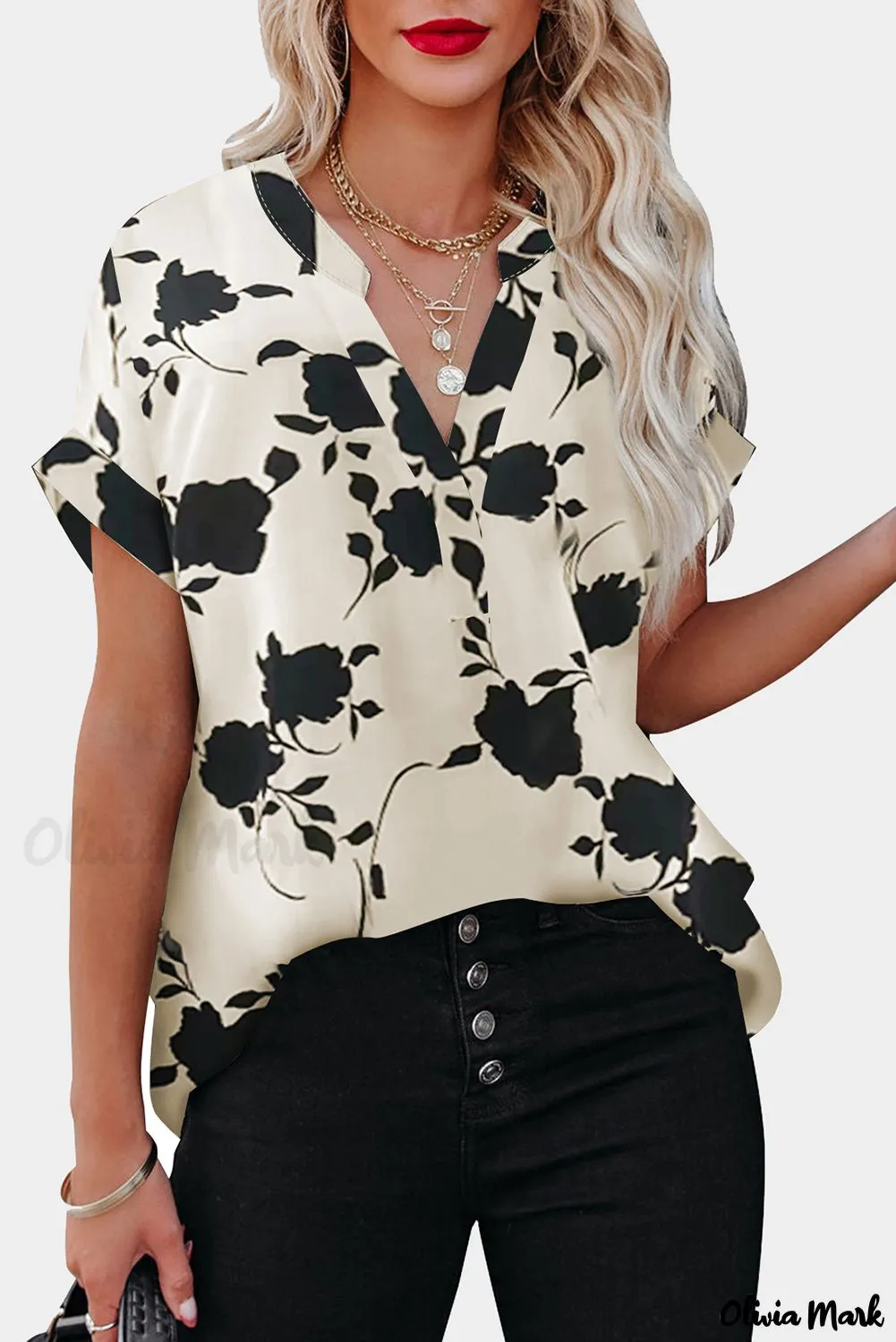 Deanwangkt - Apricot Floral Print Short Sleeve Blouse