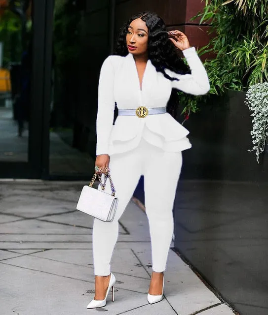 Women Ruffles Blazers Pencil Pants Suit Two Piece Set