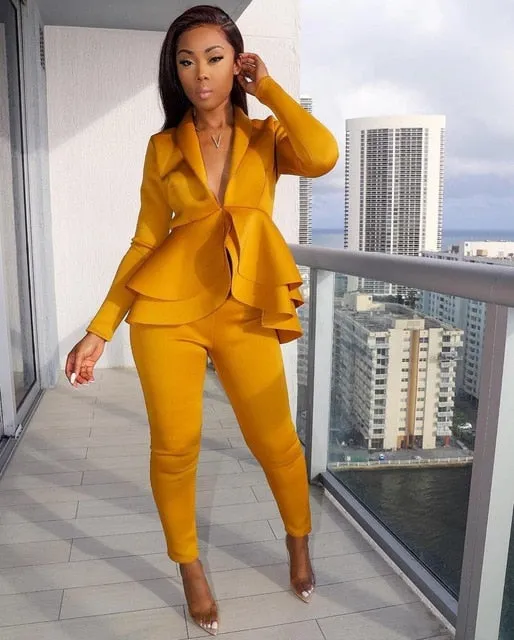 Women Ruffles Blazers Pencil Pants Suit Two Piece Set
