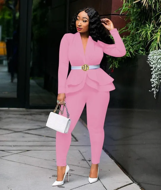 Women Ruffles Blazers Pencil Pants Suit Two Piece Set