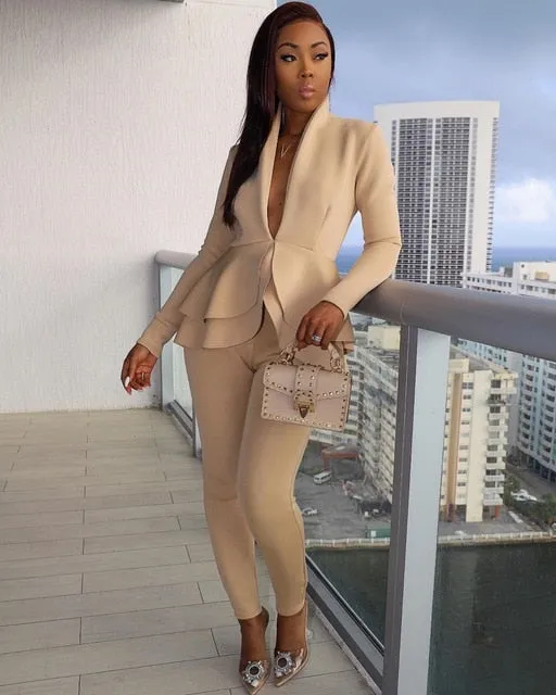 Women Ruffles Blazers Pencil Pants Suit Two Piece Set