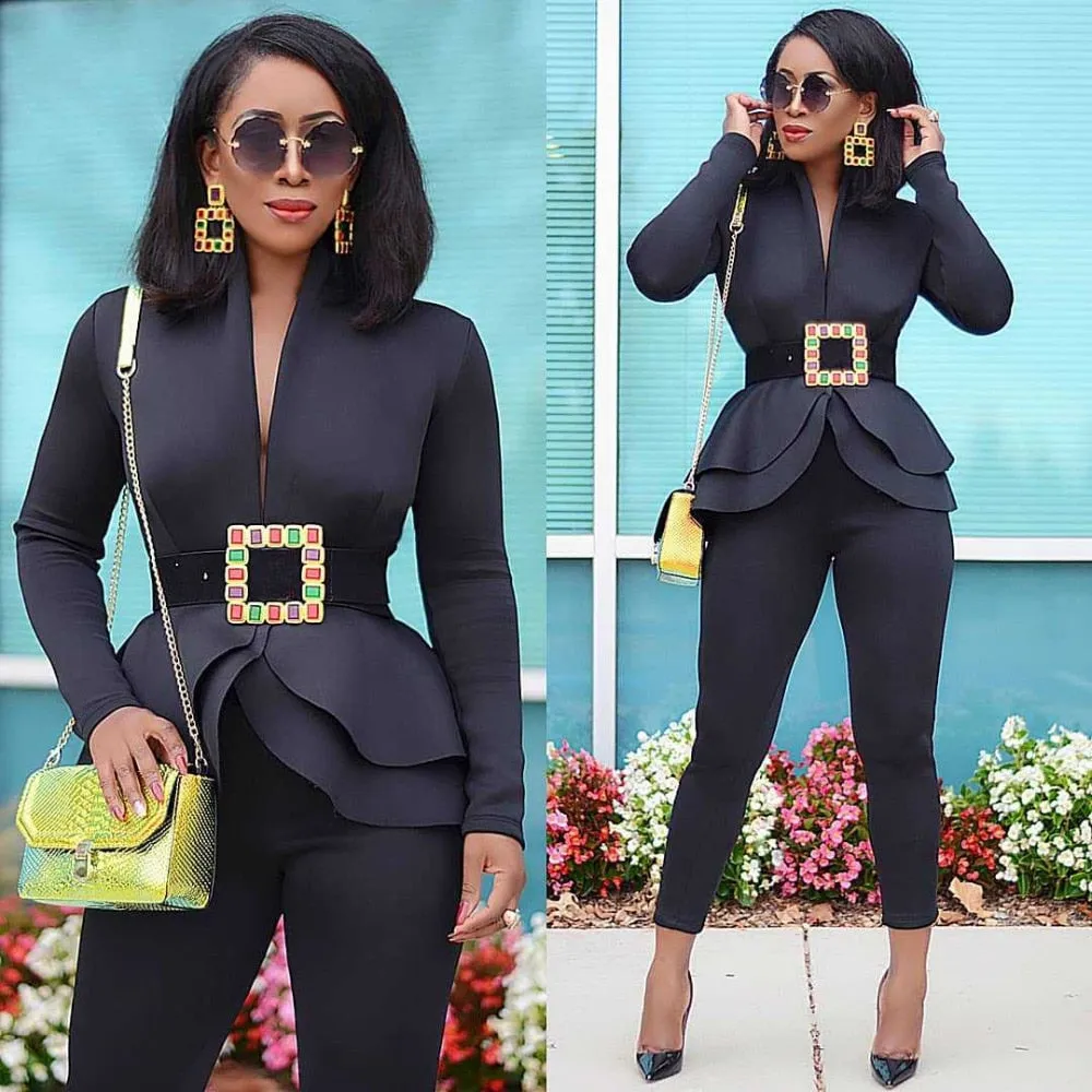 Women Ruffles Blazers Pencil Pants Suit Two Piece Set