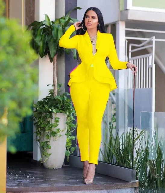 Women Ruffles Blazers Pencil Pants Suit Two Piece Set