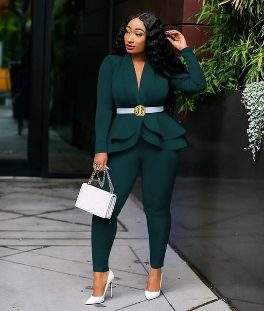 Women Ruffles Blazers Pencil Pants Suit Two Piece Set