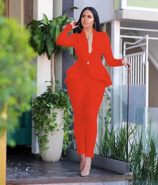 Women Ruffles Blazers Pencil Pants Suit Two Piece Set