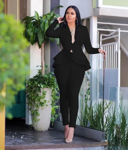 Women Ruffles Blazers Pencil Pants Suit Two Piece Set