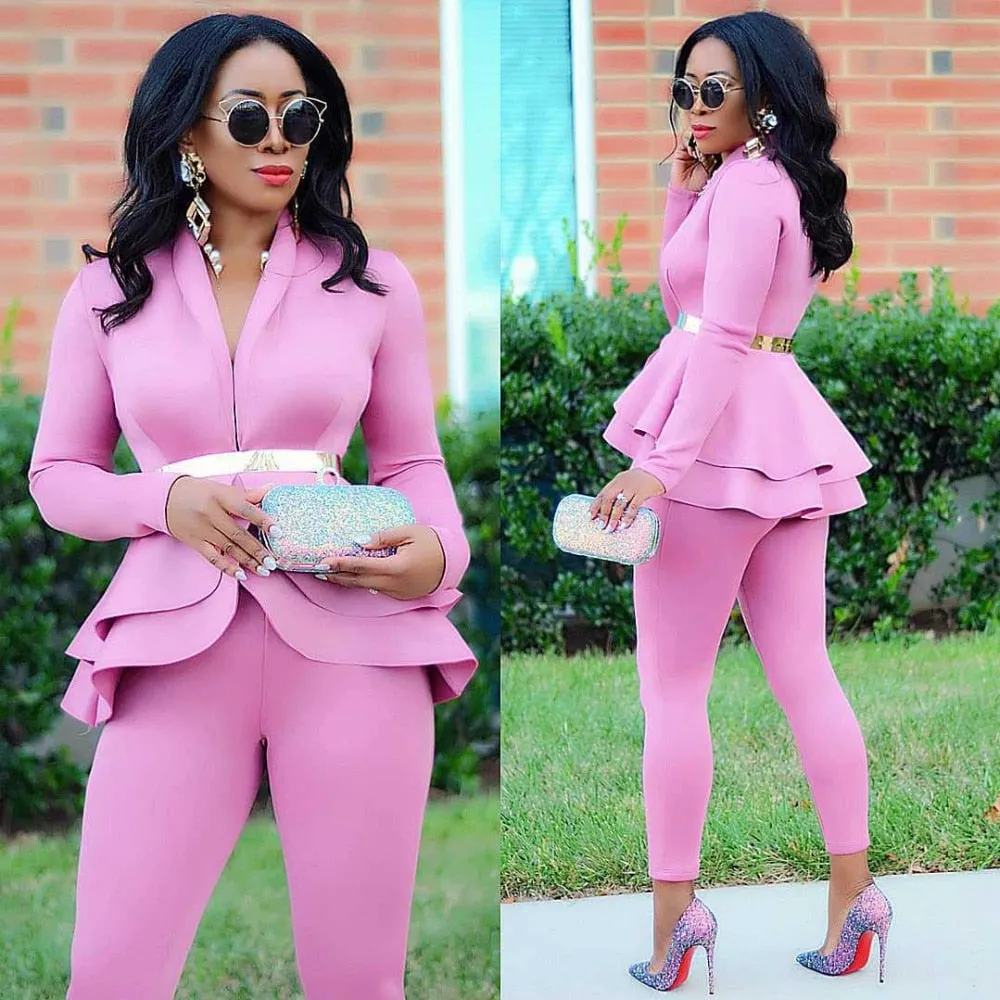 Women Ruffles Blazers Pencil Pants Suit Two Piece Set