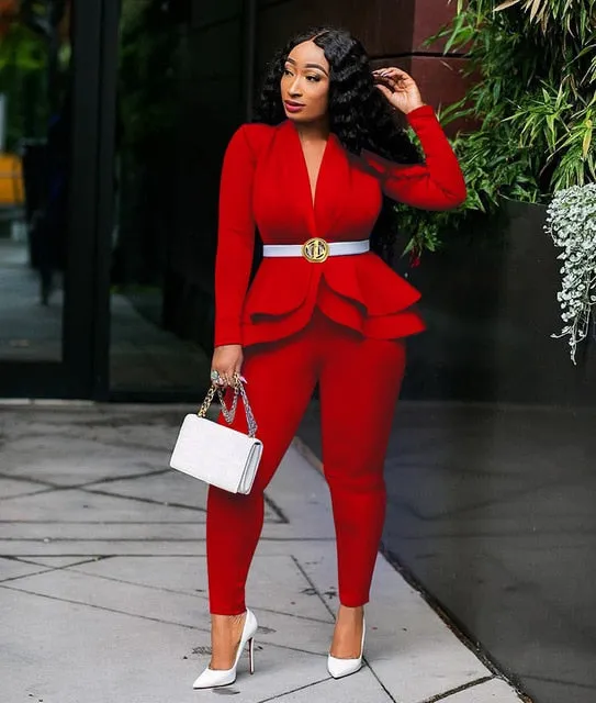 Women Ruffles Blazers Pencil Pants Suit Two Piece Set