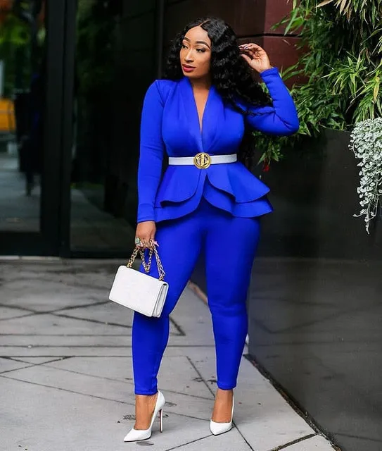 Women Ruffles Blazers Pencil Pants Suit Two Piece Set